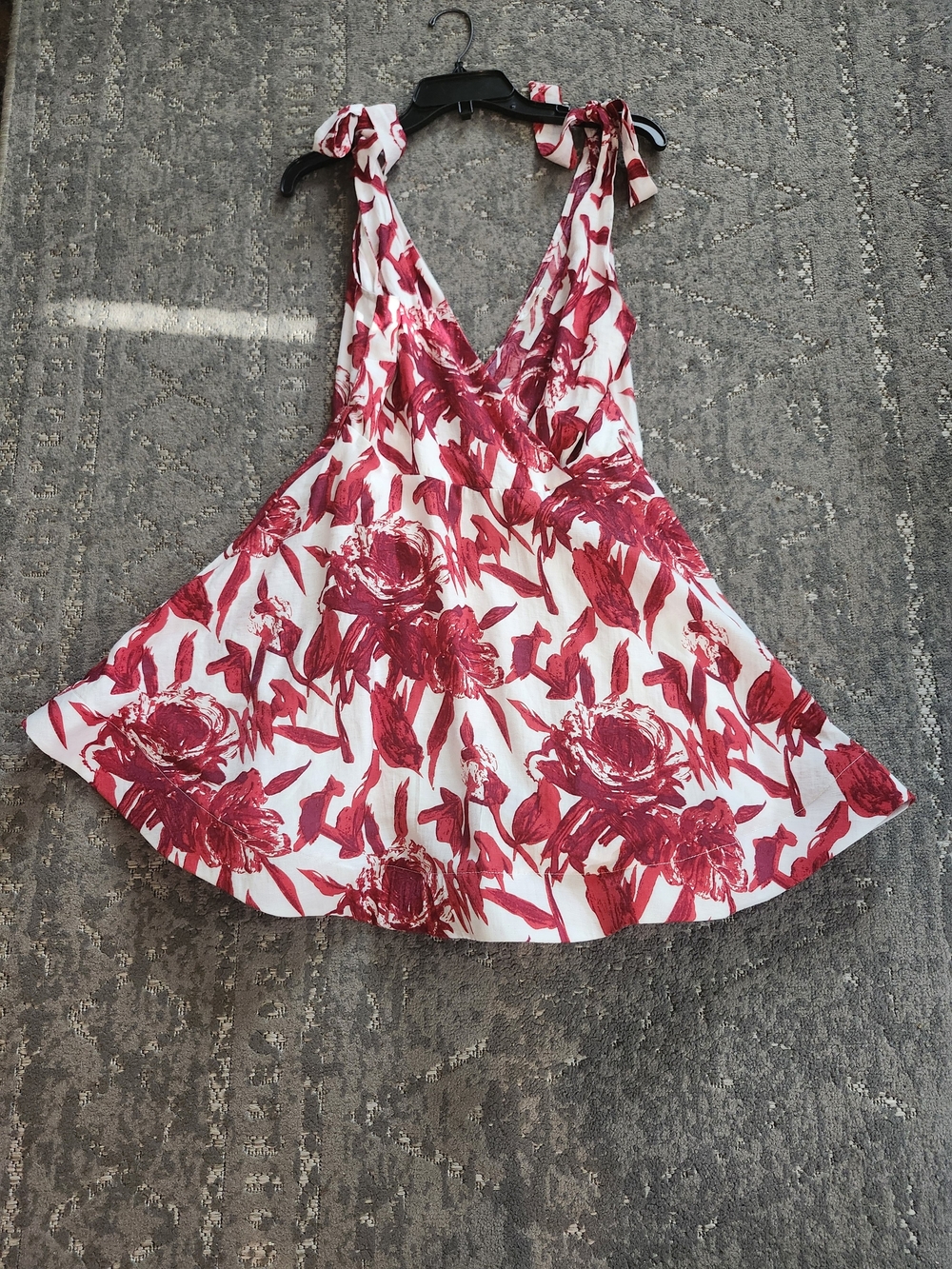 Luxxel White Tank Top with Red Floral Print and Tie Shoulders